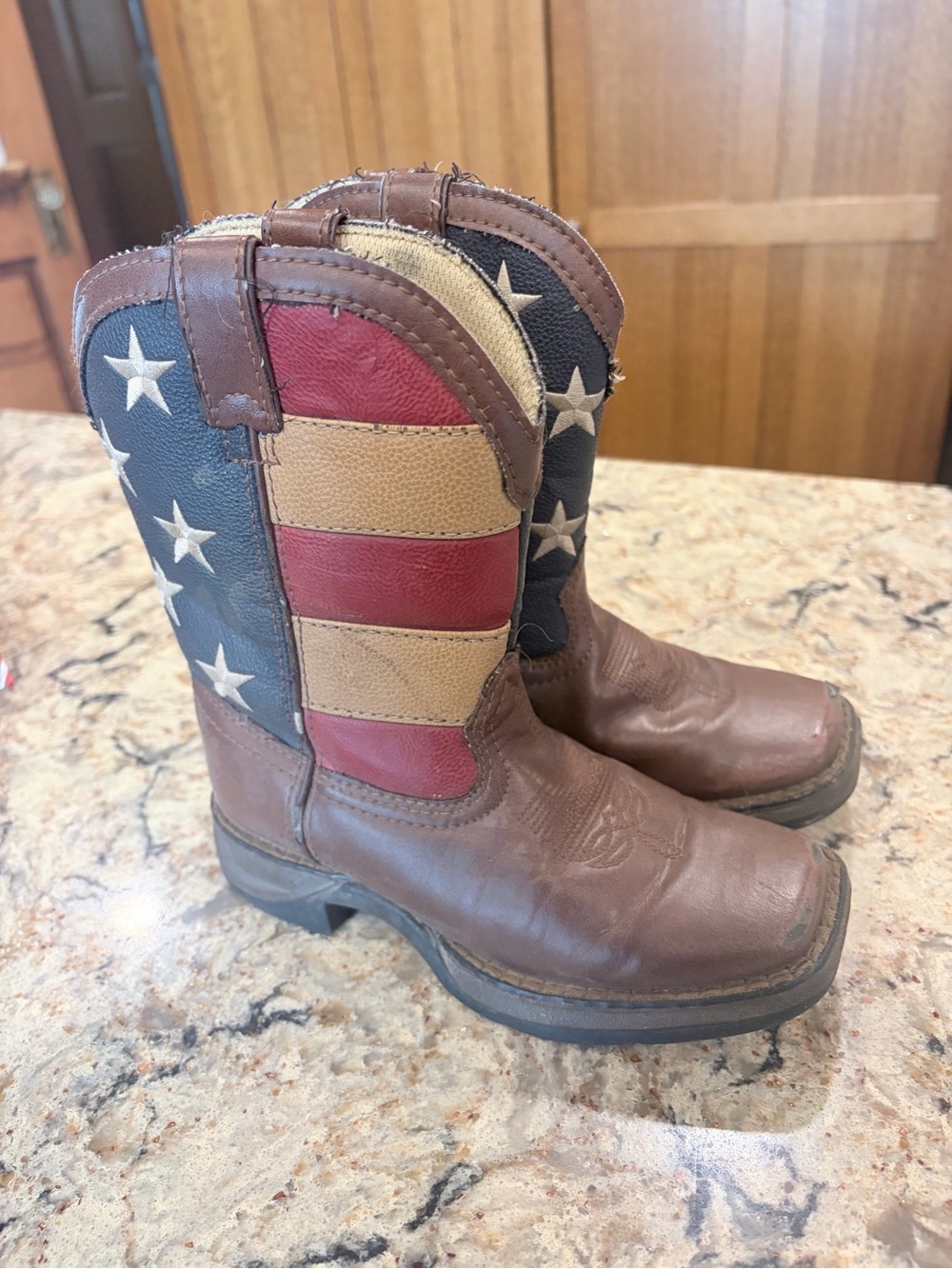 Durango Kids Brown Boots with Red, Cream & Blue Flag Design